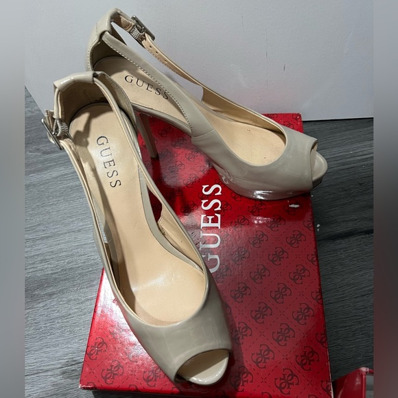 Guess Beige Platform Heels 8M US Open Toe Sling Back Patent Leather Pumps Shoes - Picture 3 of 3